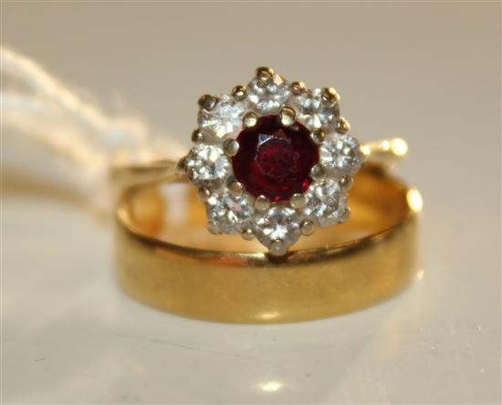 18ct gold wedding band & an 18ct gold, ruby & diamond cluster ring